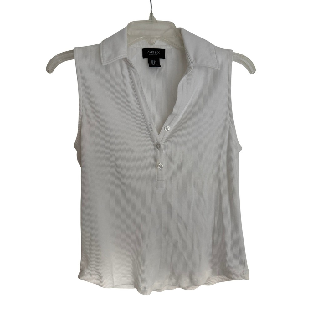 Jones & Co Jones New York White Ribbed Sleeveless Polo Henley Top Medium